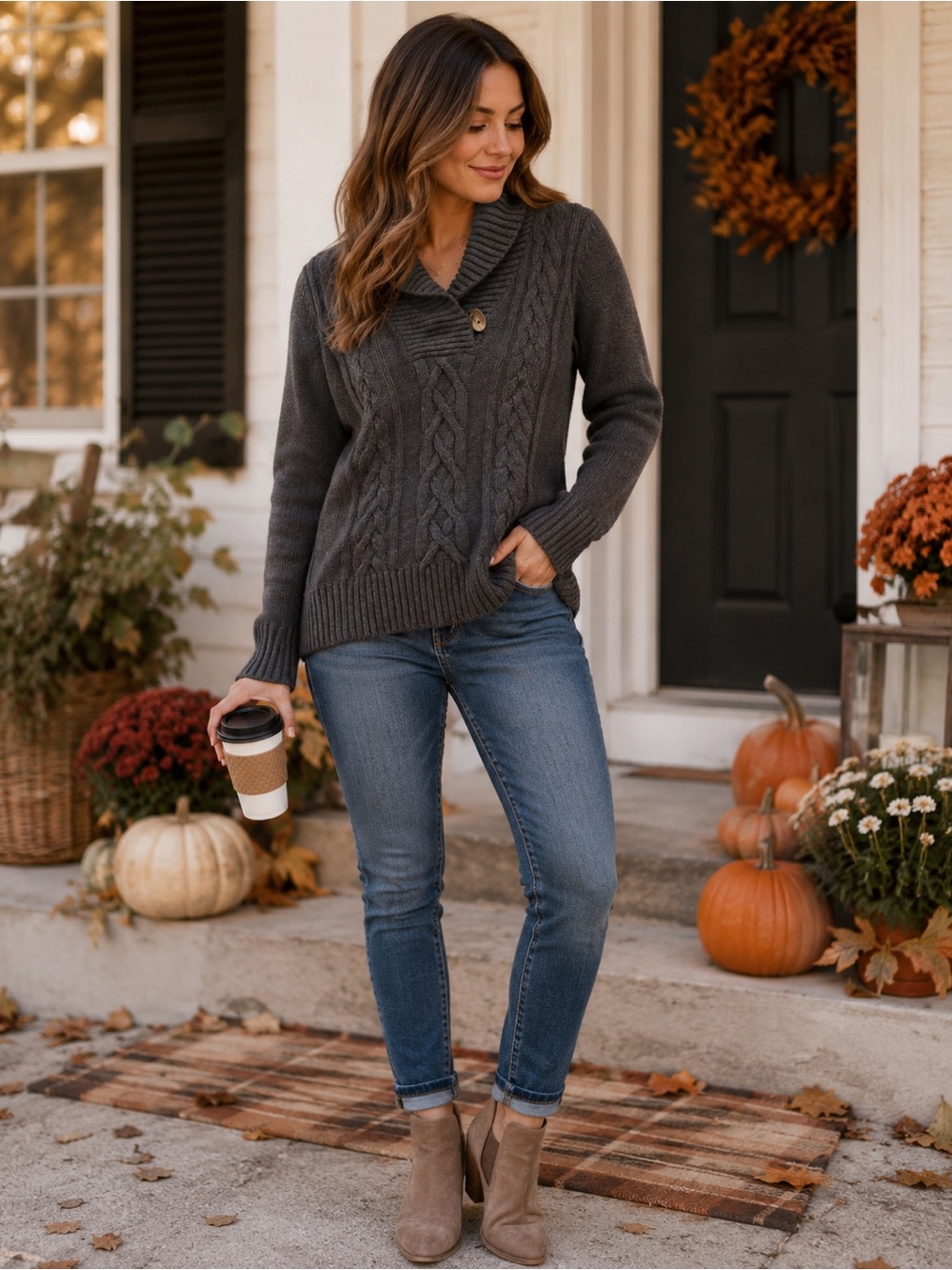 Northcrest Charcoal Cable Knit Shawl Collar Cardigan